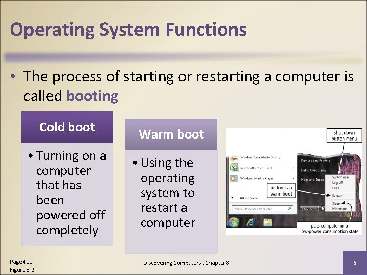 Operating System Functions • The process of starting or restarting a computer is called