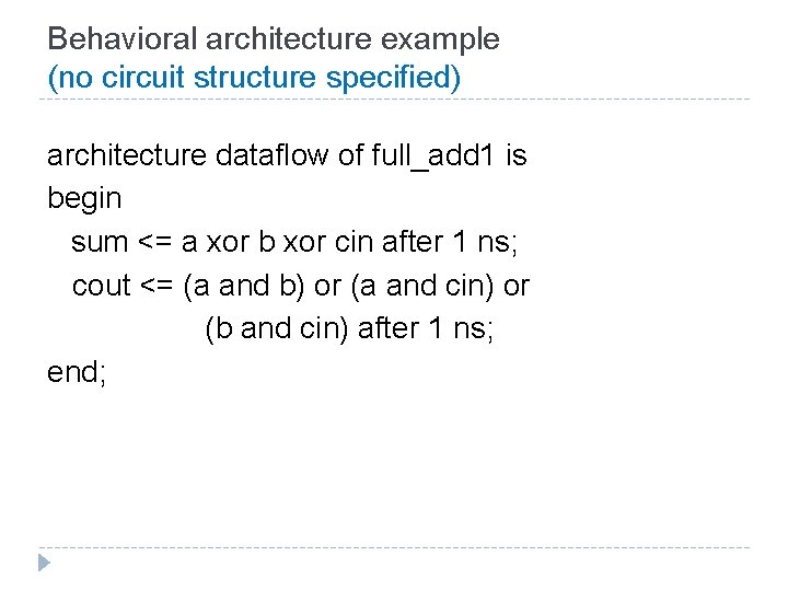 Behavioral architecture example (no circuit structure specified) architecture dataflow of full_add 1 is begin