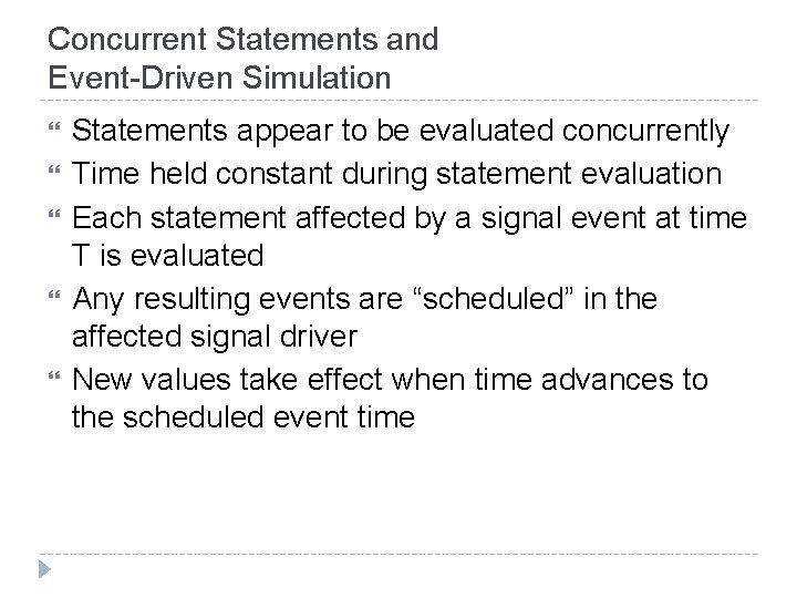 Concurrent Statements and Event-Driven Simulation Statements appear to be evaluated concurrently Time held constant