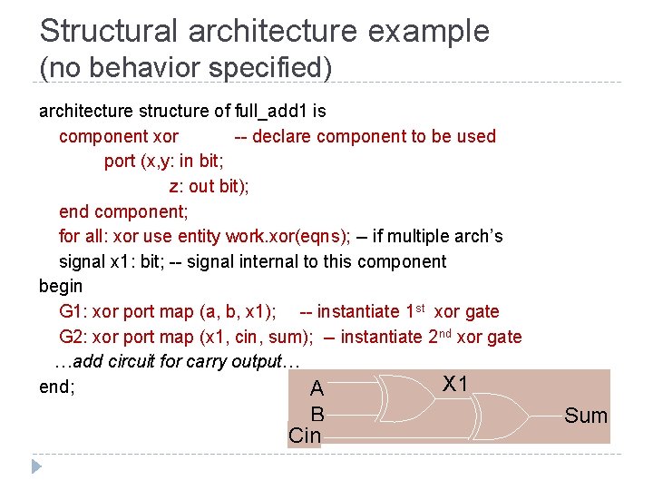 Structural architecture example (no behavior specified) architecture structure of full_add 1 is component xor