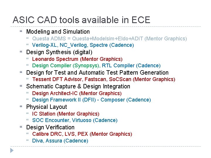 ASIC CAD tools available in ECE Modeling and Simulation Design Synthesis (digital) Design Architect-IC