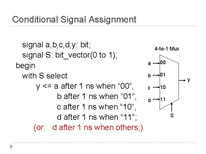 Conditional Signal Assignment signal a, b, c, d, y: bit; signal S: bit_vector(0 to