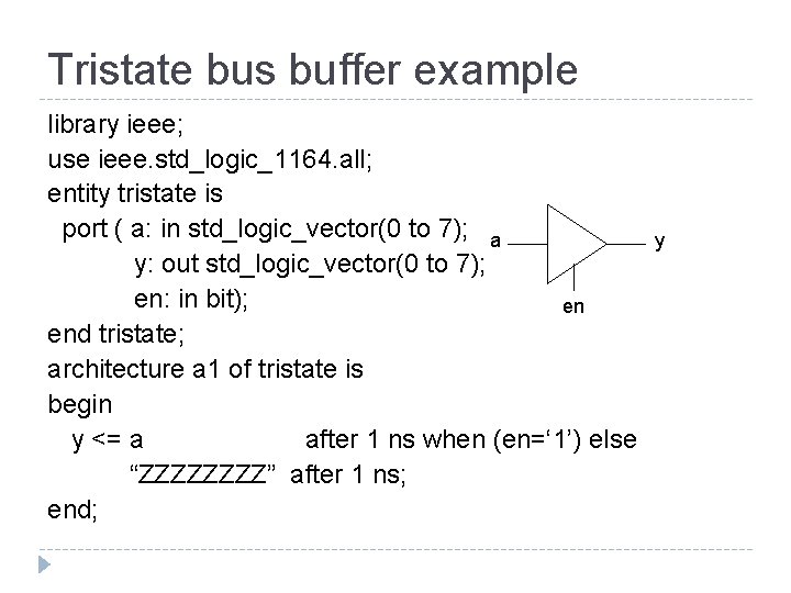 Tristate bus buffer example library ieee; use ieee. std_logic_1164. all; entity tristate is port