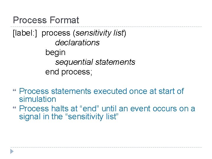 Process Format [label: ] process (sensitivity list) declarations begin sequential statements end process; Process