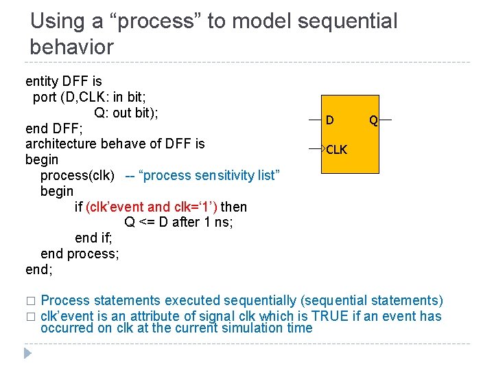 Using a “process” to model sequential behavior entity DFF is port (D, CLK: in