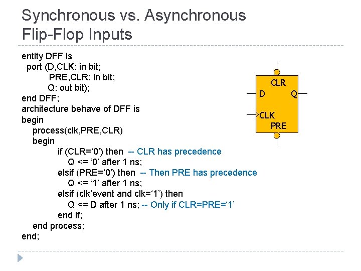 Synchronous vs. Asynchronous Flip-Flop Inputs entity DFF is port (D, CLK: in bit; PRE,