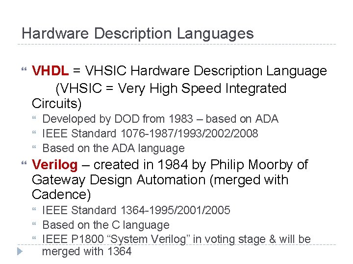 Hardware Description Languages VHDL = VHSIC Hardware Description Language (VHSIC = Very High Speed