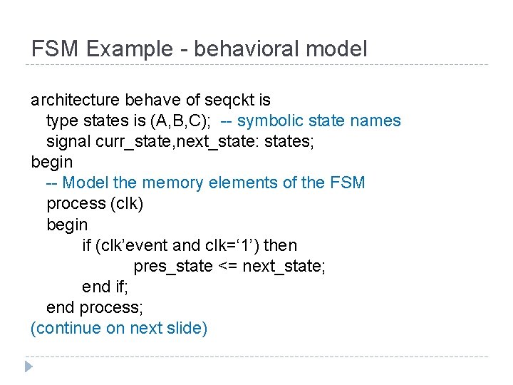 FSM Example - behavioral model architecture behave of seqckt is type states is (A,