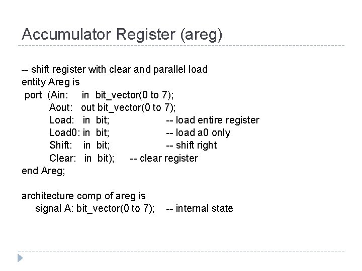 Accumulator Register (areg) -- shift register with clear and parallel load entity Areg is