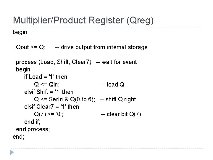 Multiplier/Product Register (Qreg) begin Qout <= Q; -- drive output from internal storage process