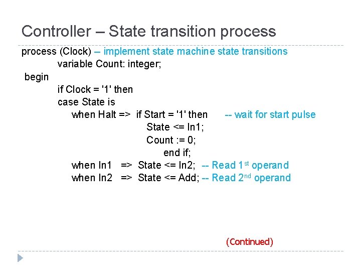 Controller – State transition process (Clock) -- implement state machine state transitions variable Count: