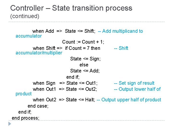 Controller – State transition process (continued) when Add => State <= Shift; -- Add