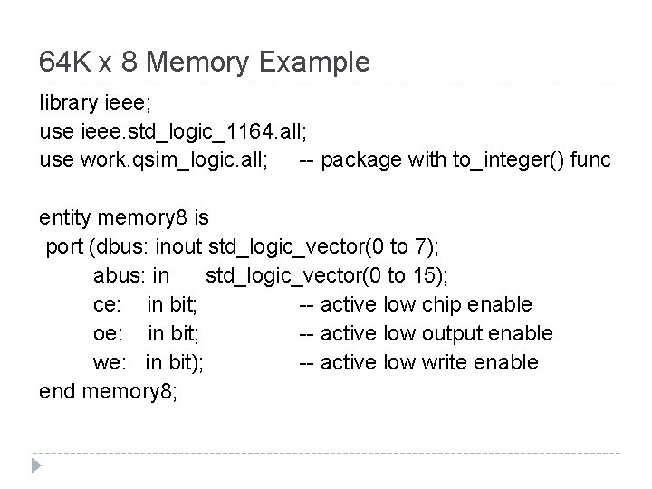 64 K x 8 Memory Example library ieee; use ieee. std_logic_1164. all; use work.