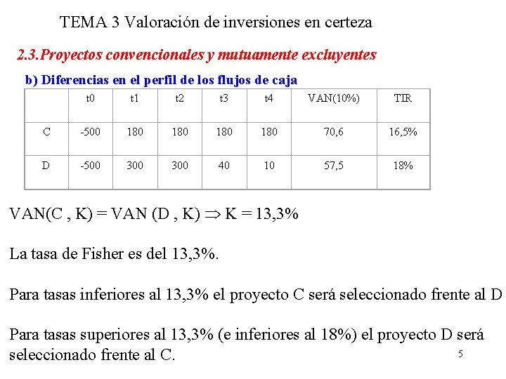 TEMA 3 Valoración de inversiones en certeza 2. 3. Proyectos convencionales y mutuamente excluyentes