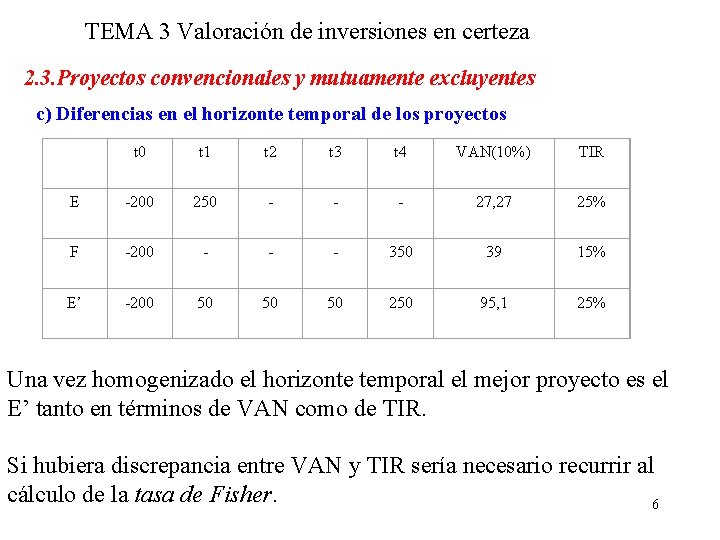 TEMA 3 Valoración de inversiones en certeza 2. 3. Proyectos convencionales y mutuamente excluyentes