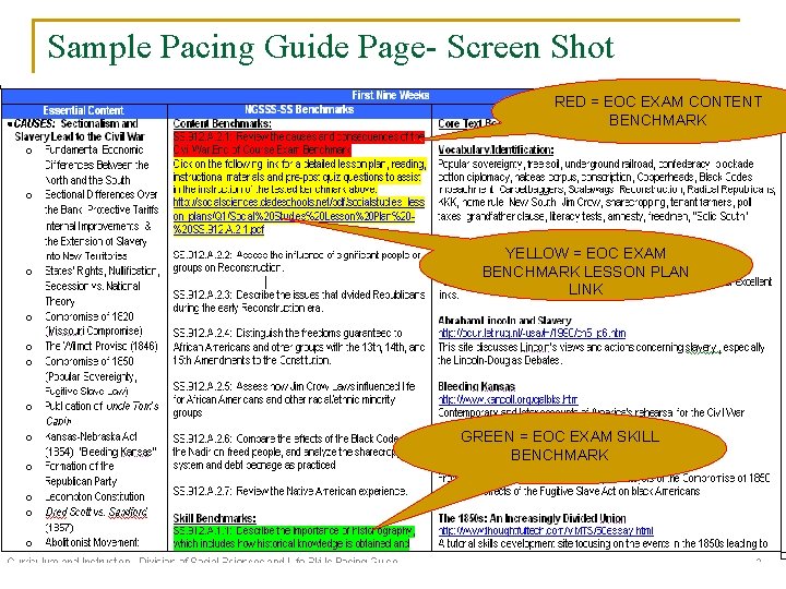 Sample Pacing Guide Page- Screen Shot RED = EOC EXAM CONTENT BENCHMARK YELLOW =