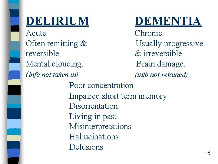 DELIRIUM DEMENTIA Acute. Chronic. Often remitting & Usually progressive reversible. & irreversible. Mental clouding.