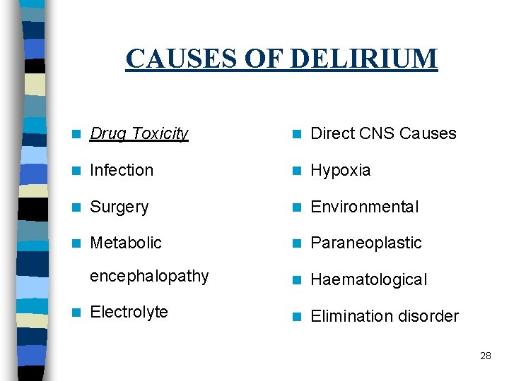 CAUSES OF DELIRIUM n Drug Toxicity n Direct CNS Causes n Infection n Hypoxia