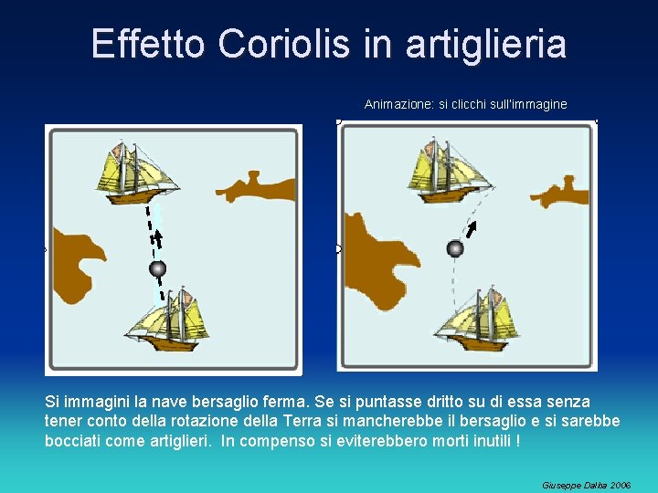 Effetto Coriolis in artiglieria Animazione: si clicchi sull’immagine Si immagini la nave bersaglio ferma. Effetto Coriolis in artiglieria Animazione: si clicchi sull’immagine Si immagini la nave bersaglio ferma.