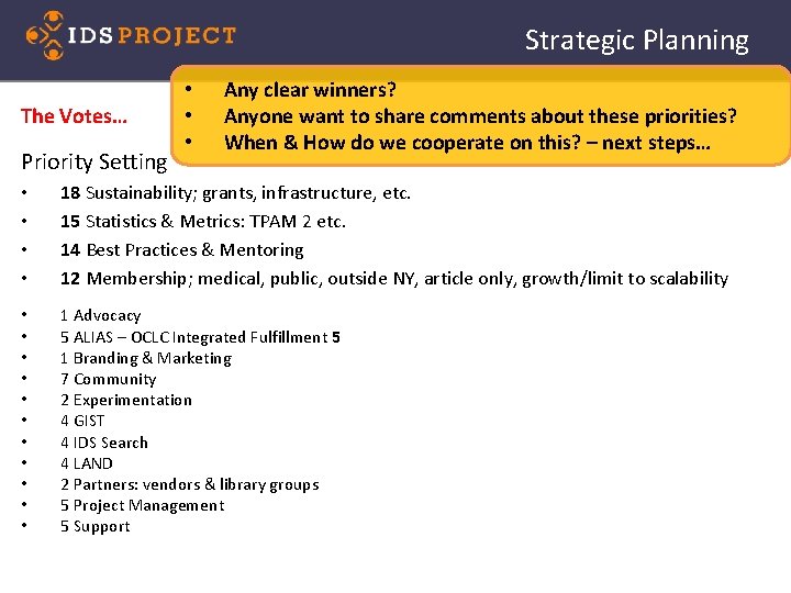 Strategic Planning The Votes… Priority Setting • • • Any clear winners? Anyone want
