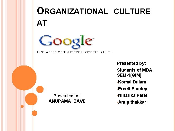 ORGANIZATIONAL CULTURE AT (The World's Most Successful Corporate Culture) Presented by: Students of MBA