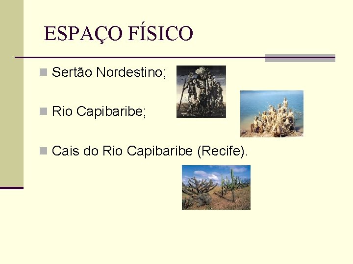 ESPAÇO FÍSICO n Sertão Nordestino; n Rio Capibaribe; n Cais do Rio Capibaribe (Recife).