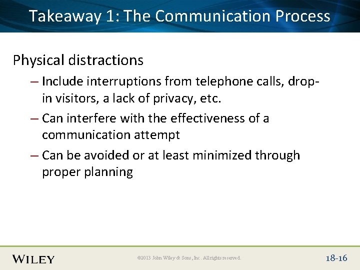 Place Slide Title Text. Communication Here Takeaway 1: The Process Physical distractions – Include