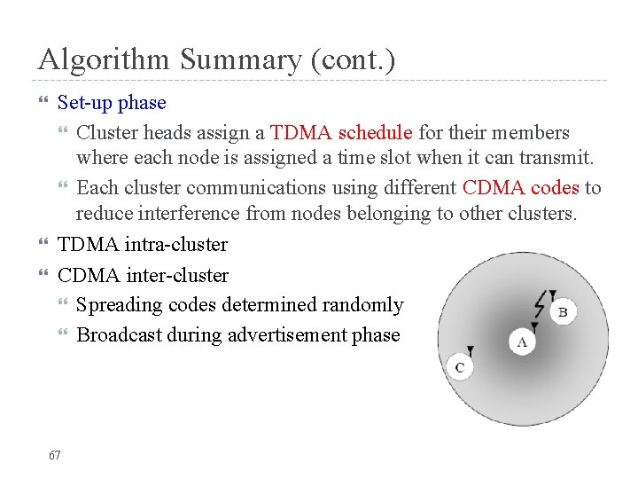 Algorithm Summary (cont. ) Set-up phase Cluster heads assign a TDMA schedule for their