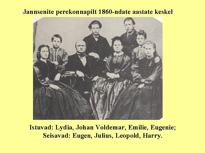 Jannsenite perekonnapilt 1860 -ndate aastate keskel Istuvad: Lydia, Johan Voldemar, Emilie, Eugenie; Seisavad: Eugen,