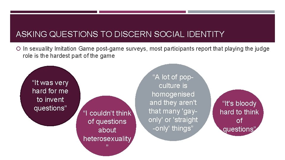ASKING QUESTIONS TO DISCERN SOCIAL IDENTITY In sexuality Imitation Game post-game surveys, most participants ASKING QUESTIONS TO DISCERN SOCIAL IDENTITY In sexuality Imitation Game post-game surveys, most participants