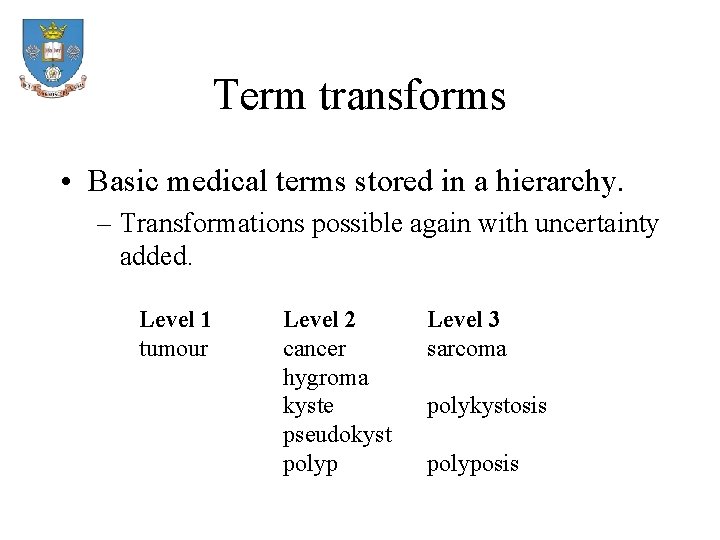 Term transforms • Basic medical terms stored in a hierarchy. – Transformations possible again