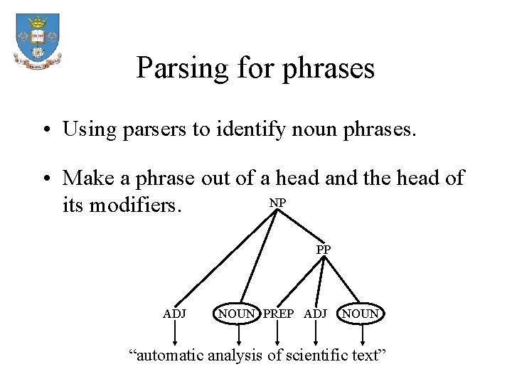 Parsing for phrases • Using parsers to identify noun phrases. • Make a phrase