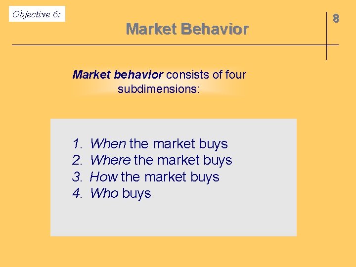 Objective 6: Market Behavior Market behavior consists of four subdimensions: 1. 2. 3. 4.