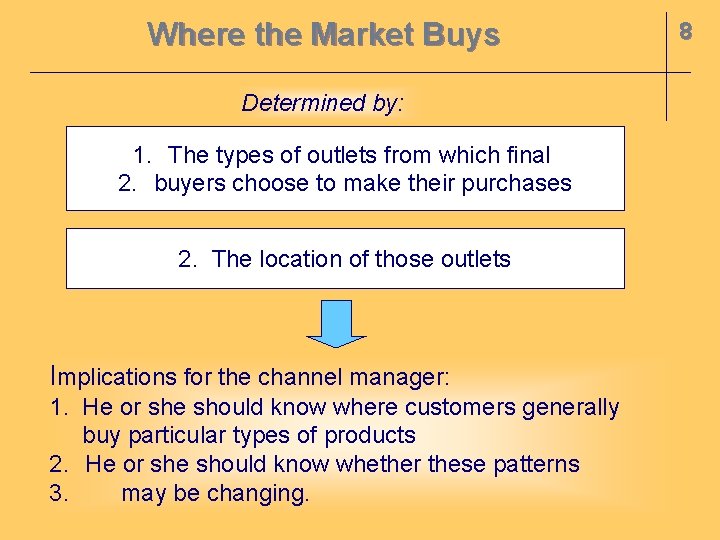 Where the Market Buys Determined by: 1. The types of outlets from which final