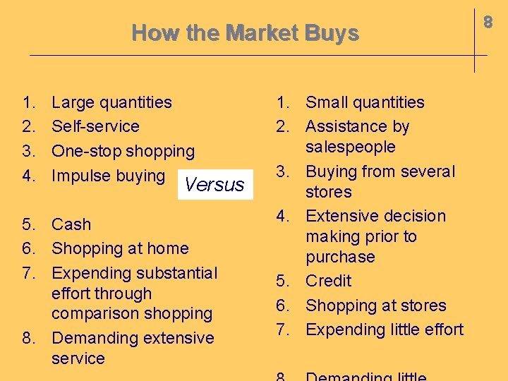 How the Market Buys 1. 2. 3. 4. Large quantities Self-service One-stop shopping Impulse