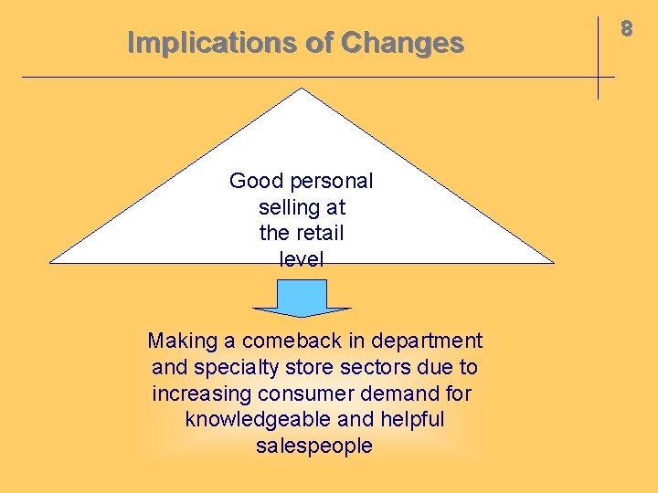 Implications of Changes Good personal selling at the retail level Making a comeback in