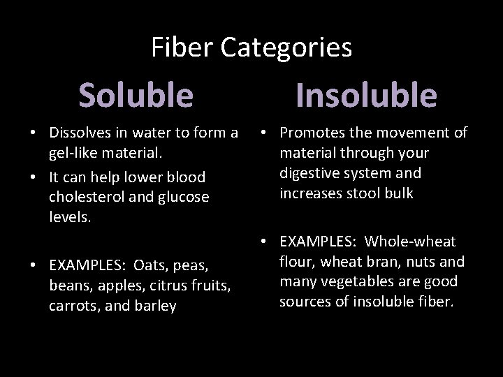 Fiber Categories Soluble Insoluble • Dissolves in water to form a gel-like material. •