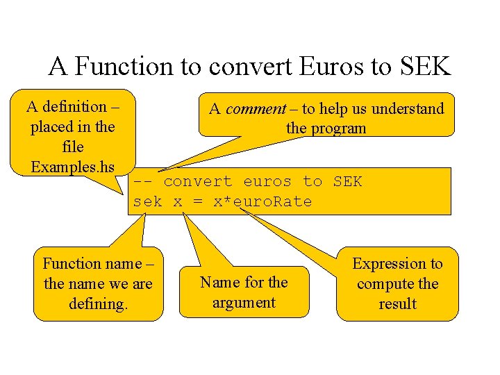 A Function to convert Euros to SEK A definition – placed in the file