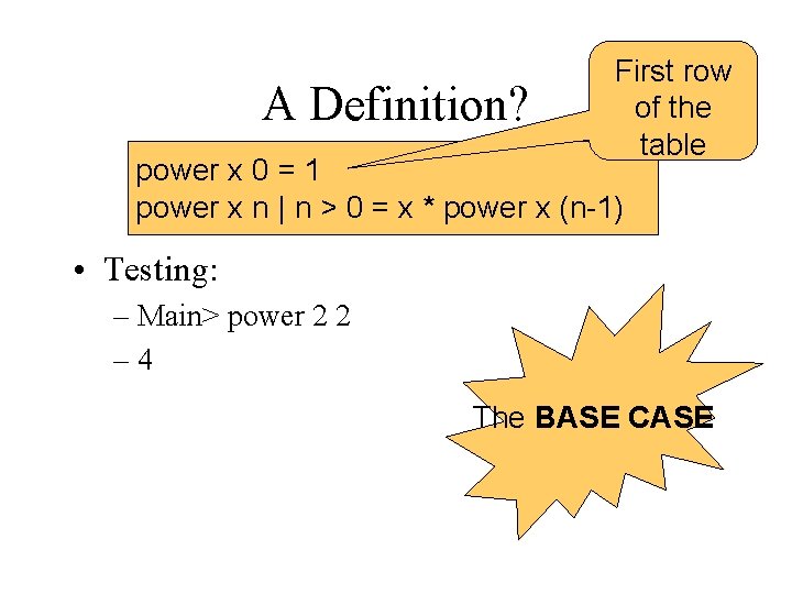 A Definition? First row of the table power x 0 = 1 power x