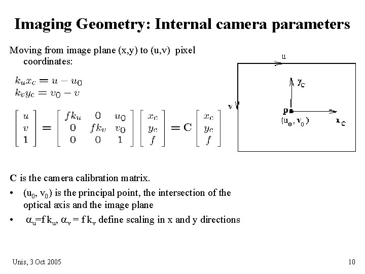 Imaging Geometry: Internal camera parameters Moving from image plane (x, y) to (u, v) Imaging Geometry: Internal camera parameters Moving from image plane (x, y) to (u, v)
