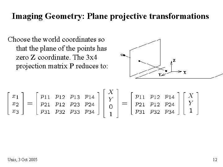 Imaging Geometry: Plane projective transformations Choose the world coordinates so that the plane of Imaging Geometry: Plane projective transformations Choose the world coordinates so that the plane of