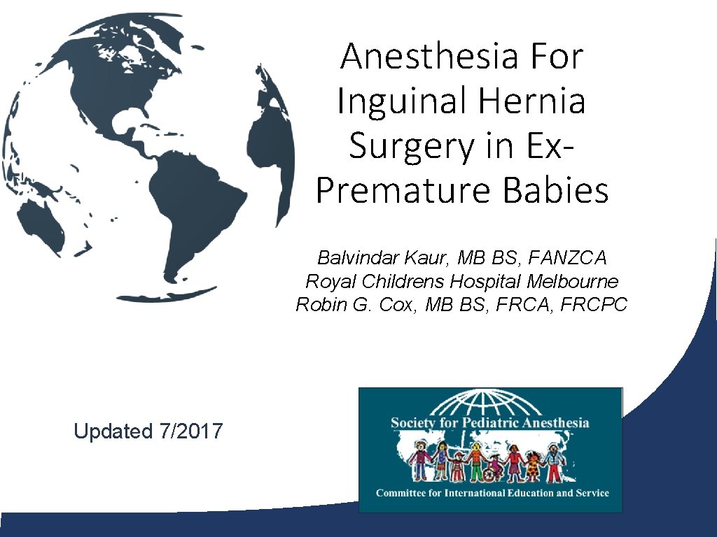 Anesthesia For Inguinal Hernia Surgery in Ex. Premature Babies Balvindar Kaur, MB BS, FANZCA