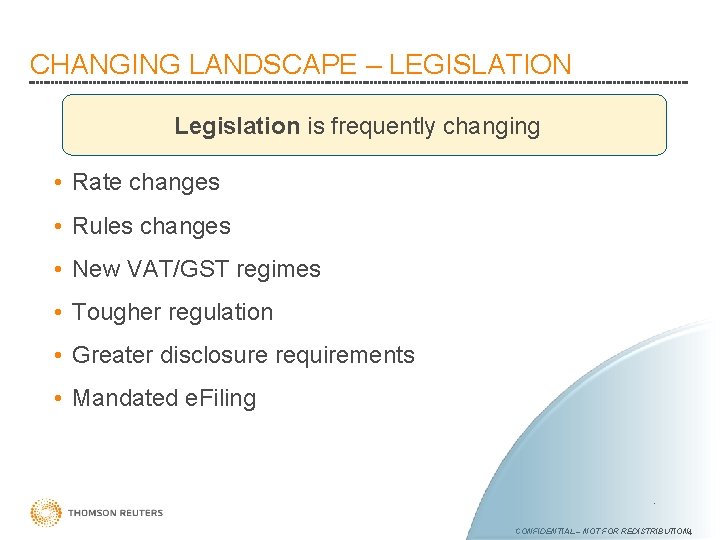 CHANGING LANDSCAPE – LEGISLATION Legislation is frequently changing • Rate changes • Rules changes
