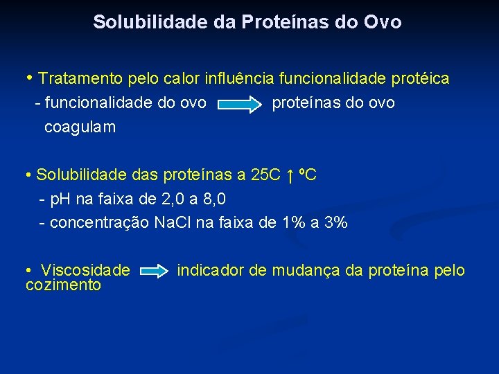 Solubilidade da Proteínas do Ovo • Tratamento pelo calor influência funcionalidade protéica - funcionalidade