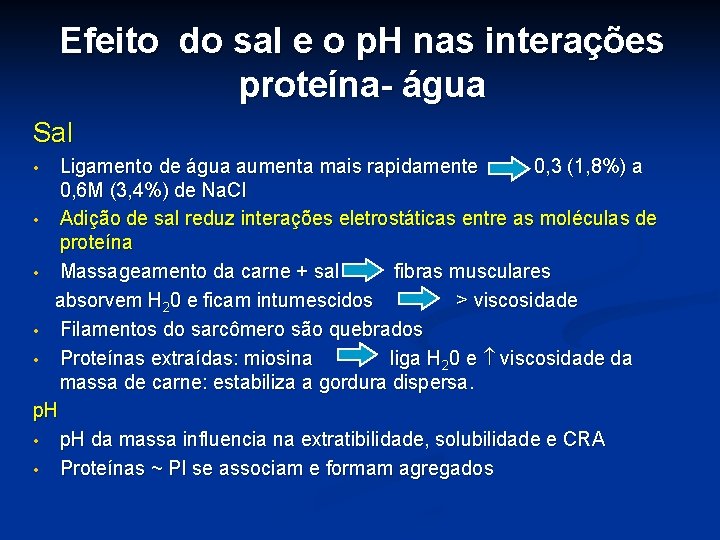 Efeito do sal e o p. H nas interações proteína- água Sal Ligamento de