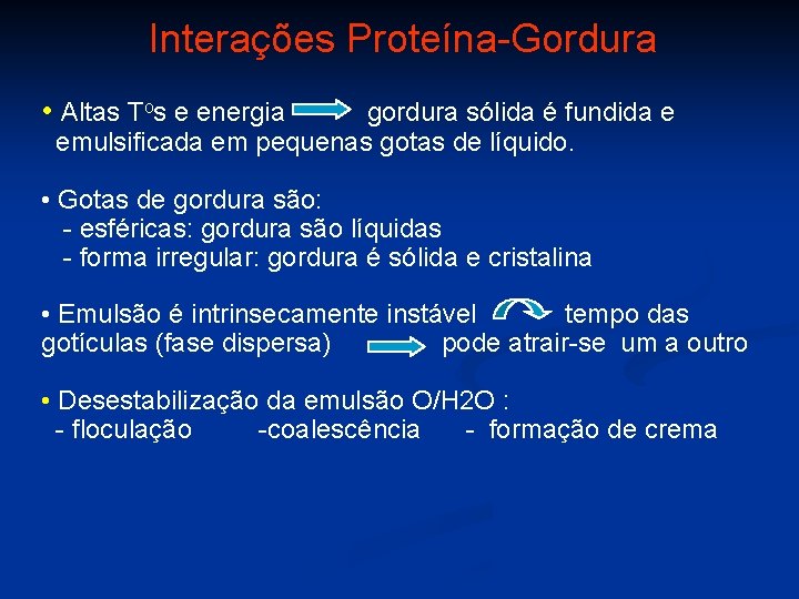 Interações Proteína-Gordura • Altas Tos e energia gordura sólida é fundida e emulsificada em