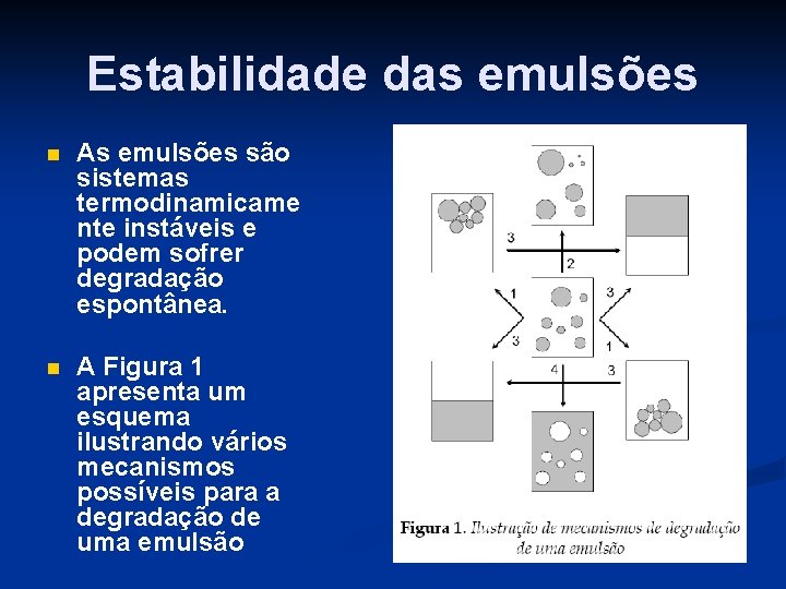 Estabilidade das emulsões n As emulsões são sistemas termodinamicame nte instáveis e podem sofrer