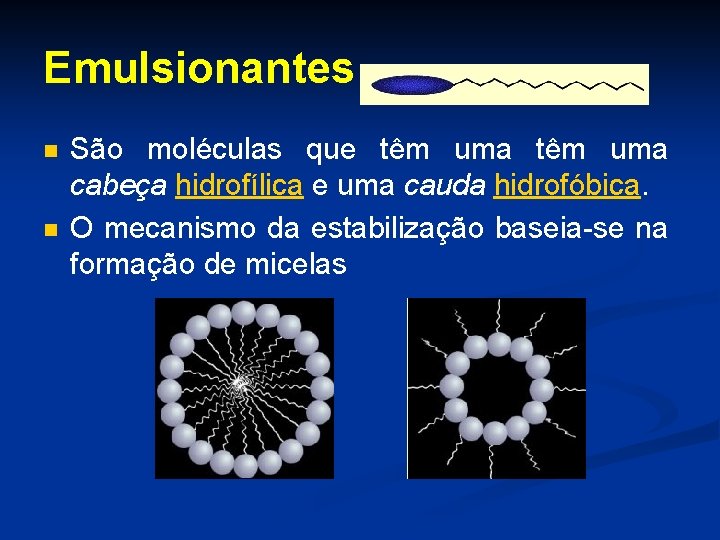 Emulsionantes n n São moléculas que têm uma cabeça hidrofílica e uma cauda hidrofóbica.