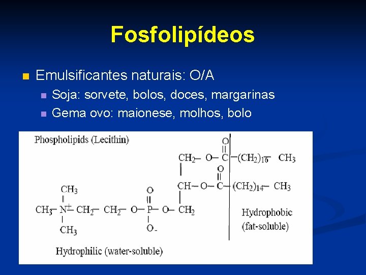 Fosfolipídeos n Emulsificantes naturais: O/A n n Soja: sorvete, bolos, doces, margarinas Gema ovo: