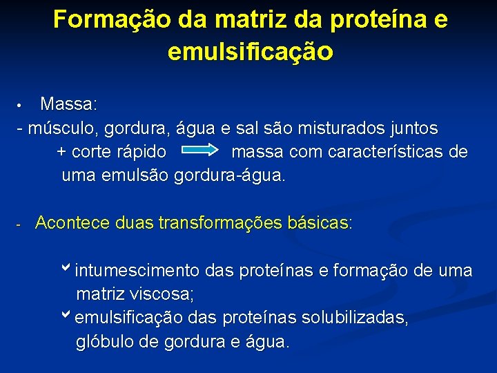 Formação da matriz da proteína e emulsificação Massa: - músculo, gordura, água e sal